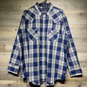 Plains Western Wear Shirt Men’s XL Blue Plaid Pearl Snap Long Sleeve Lightweight
